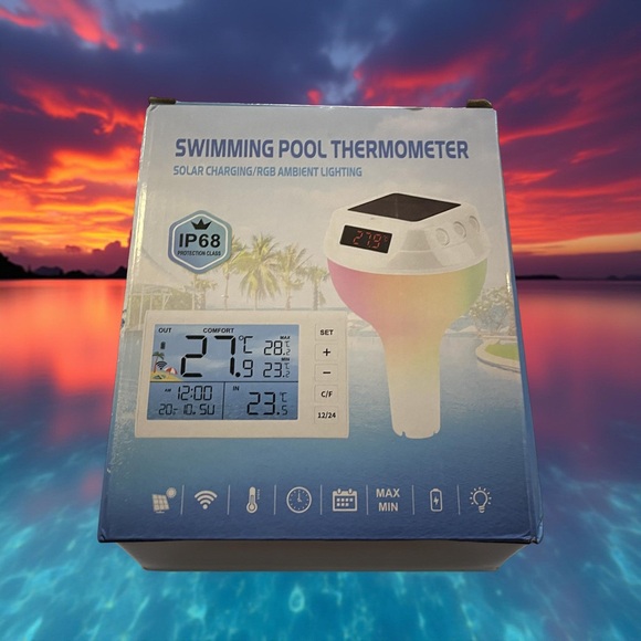 Solar LED Swimming Pool Thermometer IP68 Waterproof w/ RGB Light & Display - Picture 1 of 5